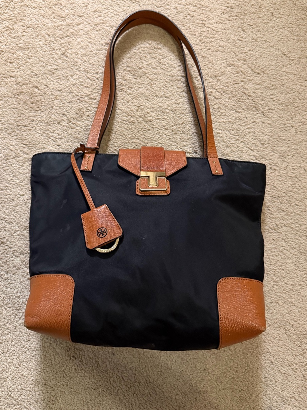 Tory Burch Penn Black Brown Nylon Leather Tote Shoulder Bag